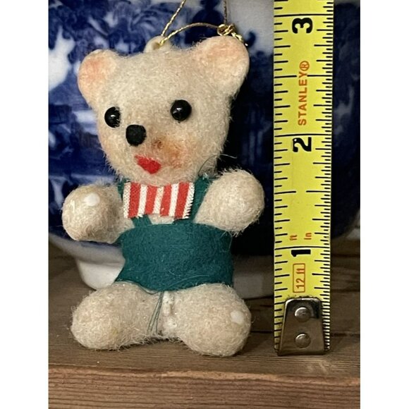 Vtg Christmas Ornament Flocked White Teddy Bear w Green Overalls Bowtie 3 Inch - Picture 2 of 6